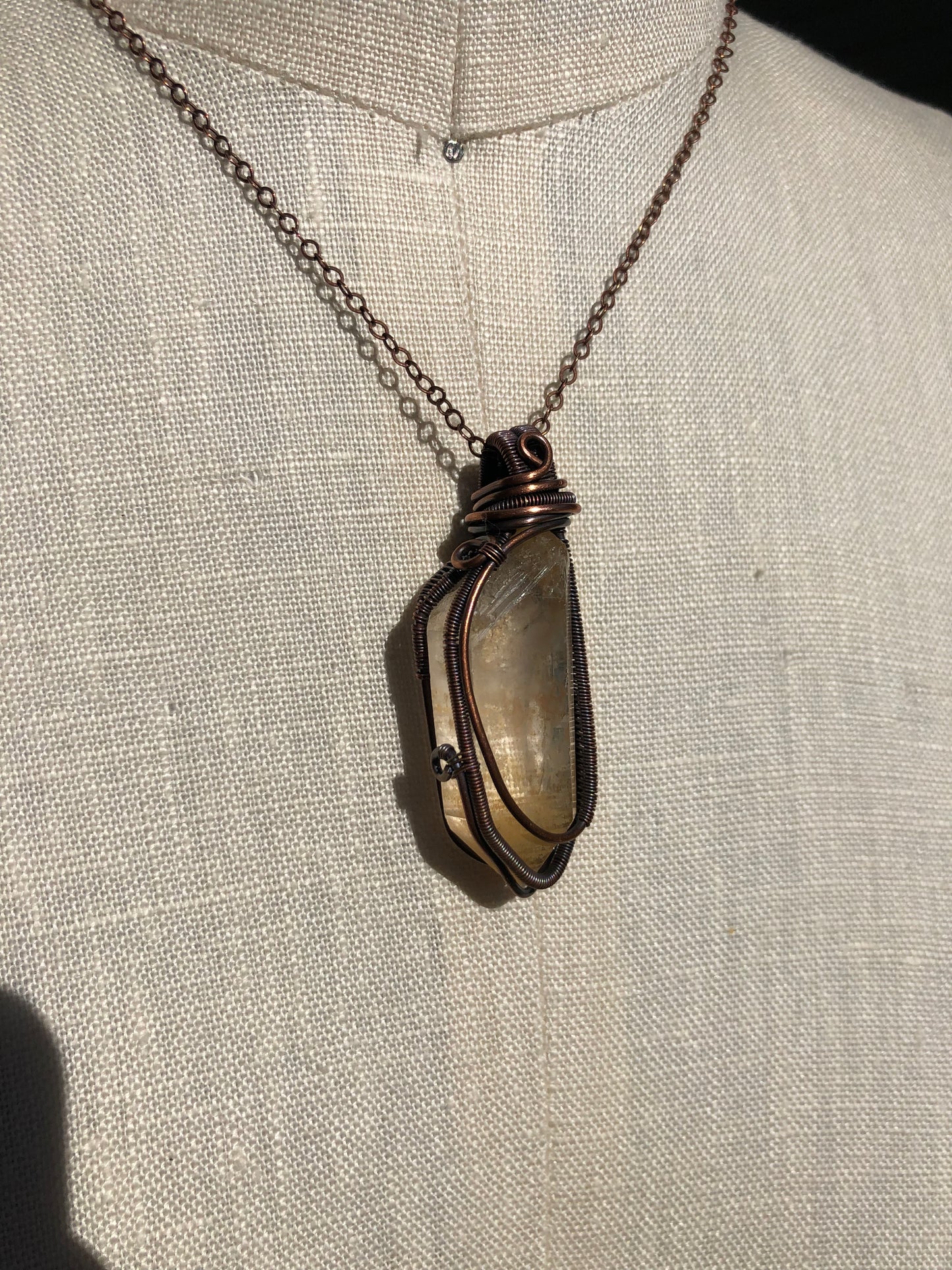 Tangerine Crystal Quartz Point Copper Wire Wrapped Pendant