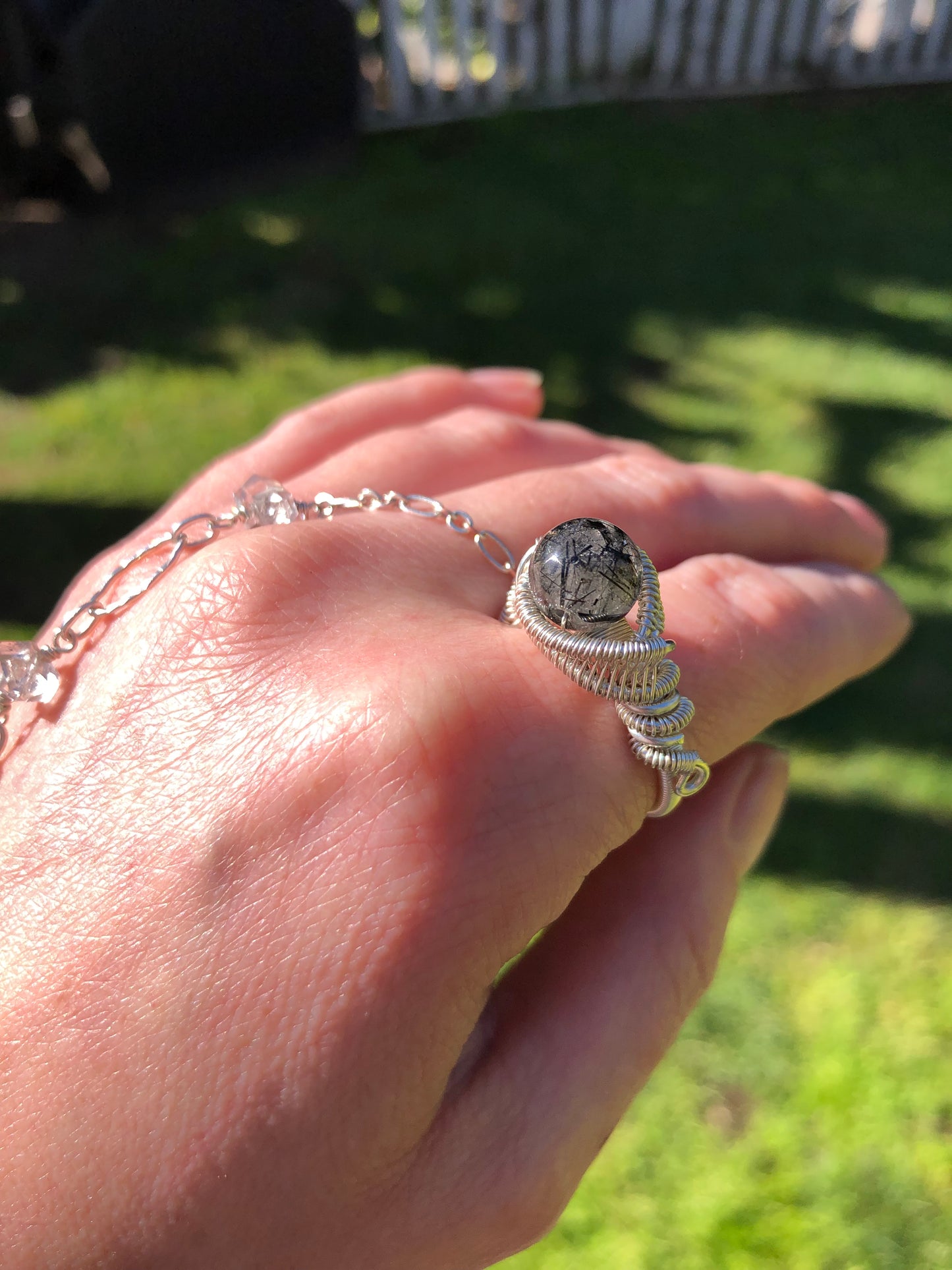 Black Tourmalinated Quartz Wire Wrapped Sterling Silver Ring - Size 7.5