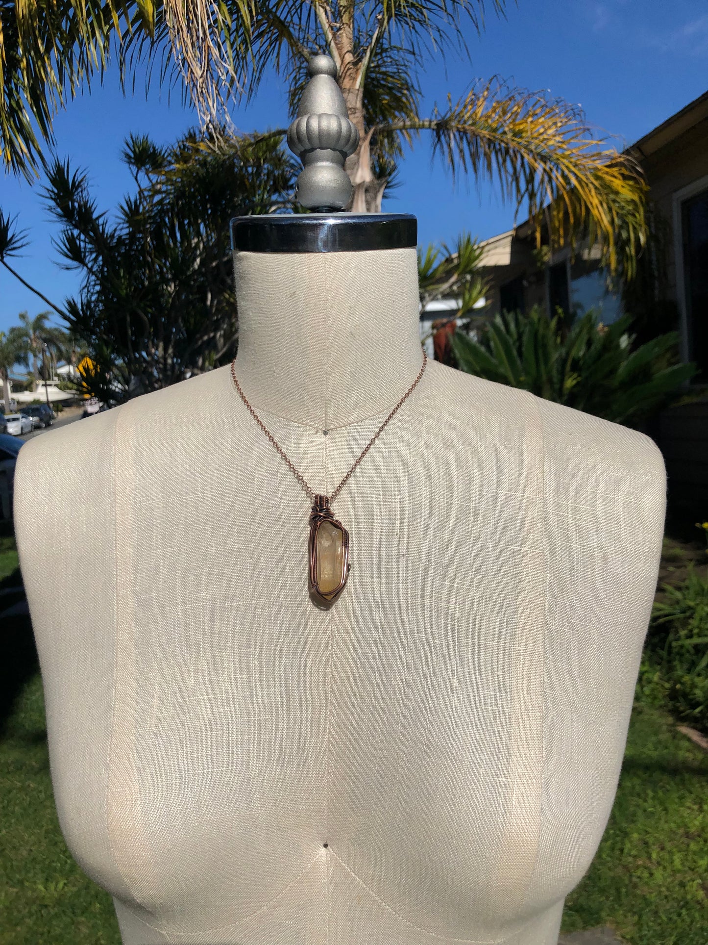 Tangerine Crystal Quartz Point Copper Wire Wrapped Pendant