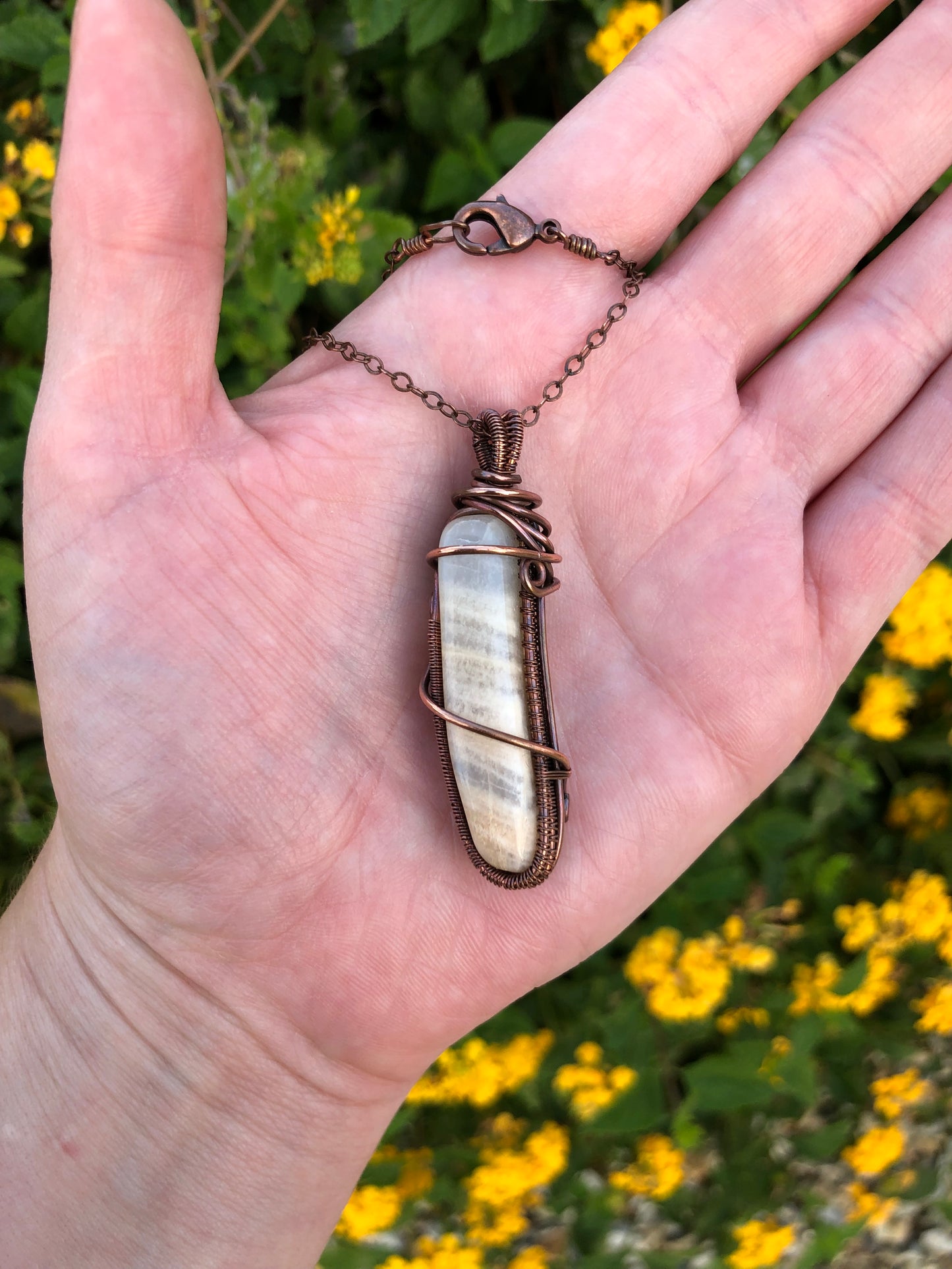 Peach Moonstone Copper Wire-Wrapped Pendant