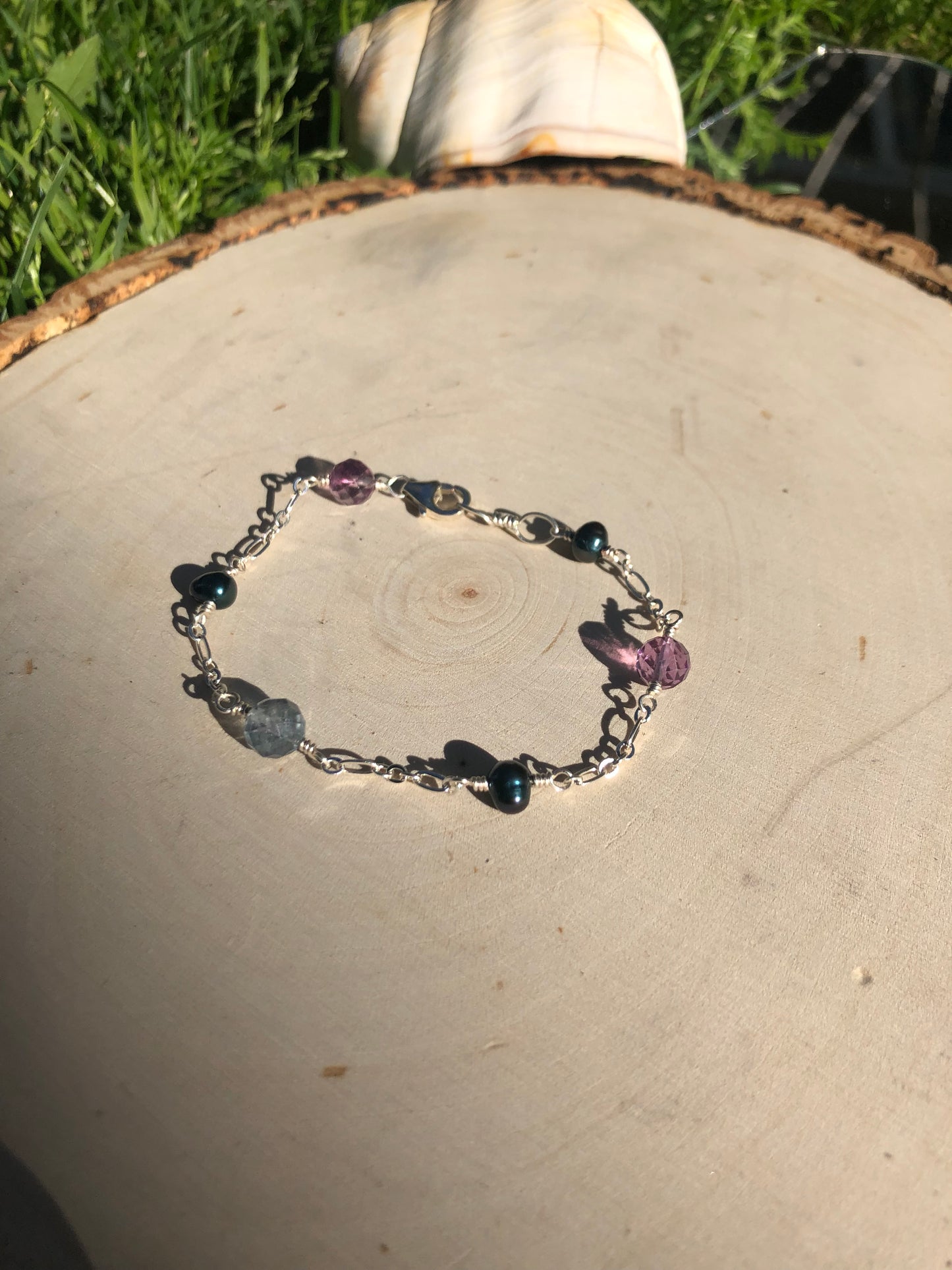 Flourite & Pearl Sterling Silver Bracelet Size - 6.5 inches