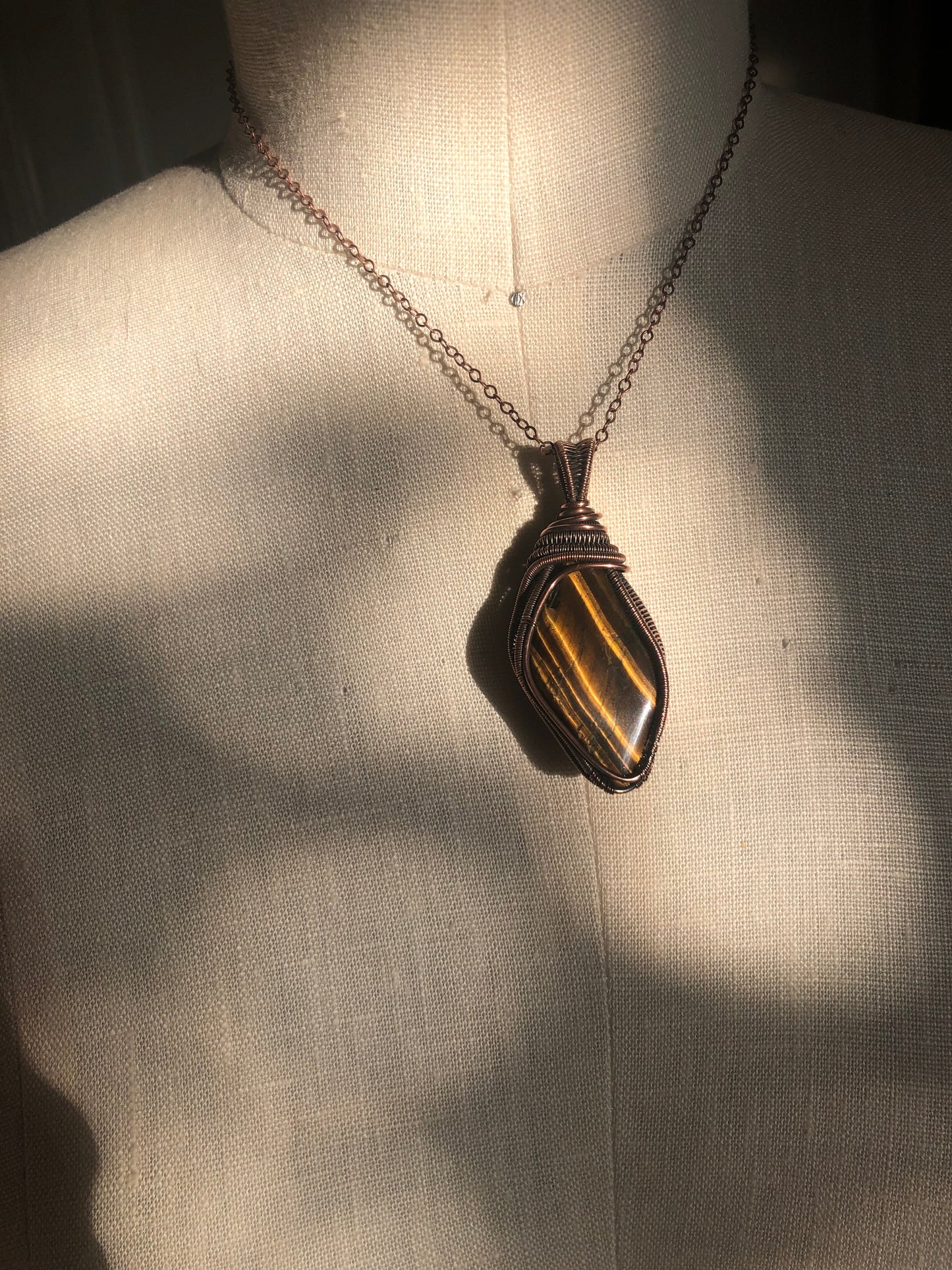 Striking Copper Wire-Wrapped Tigers Eye Pendant