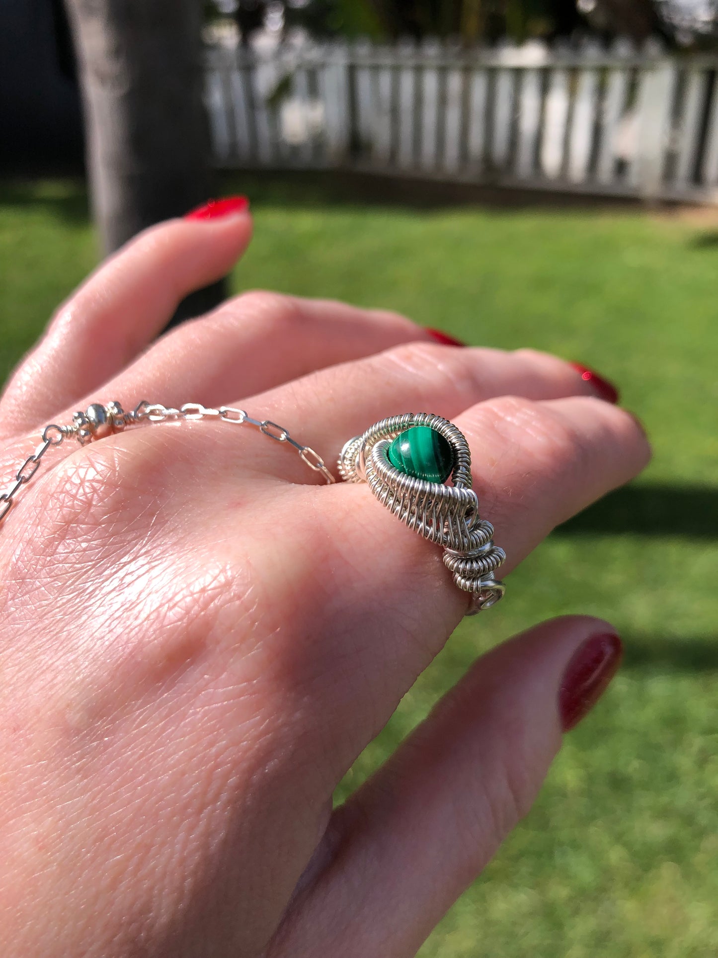 Handcrafted Malachite Sterling Silver Wire Wrapped Ring - Size 7.5