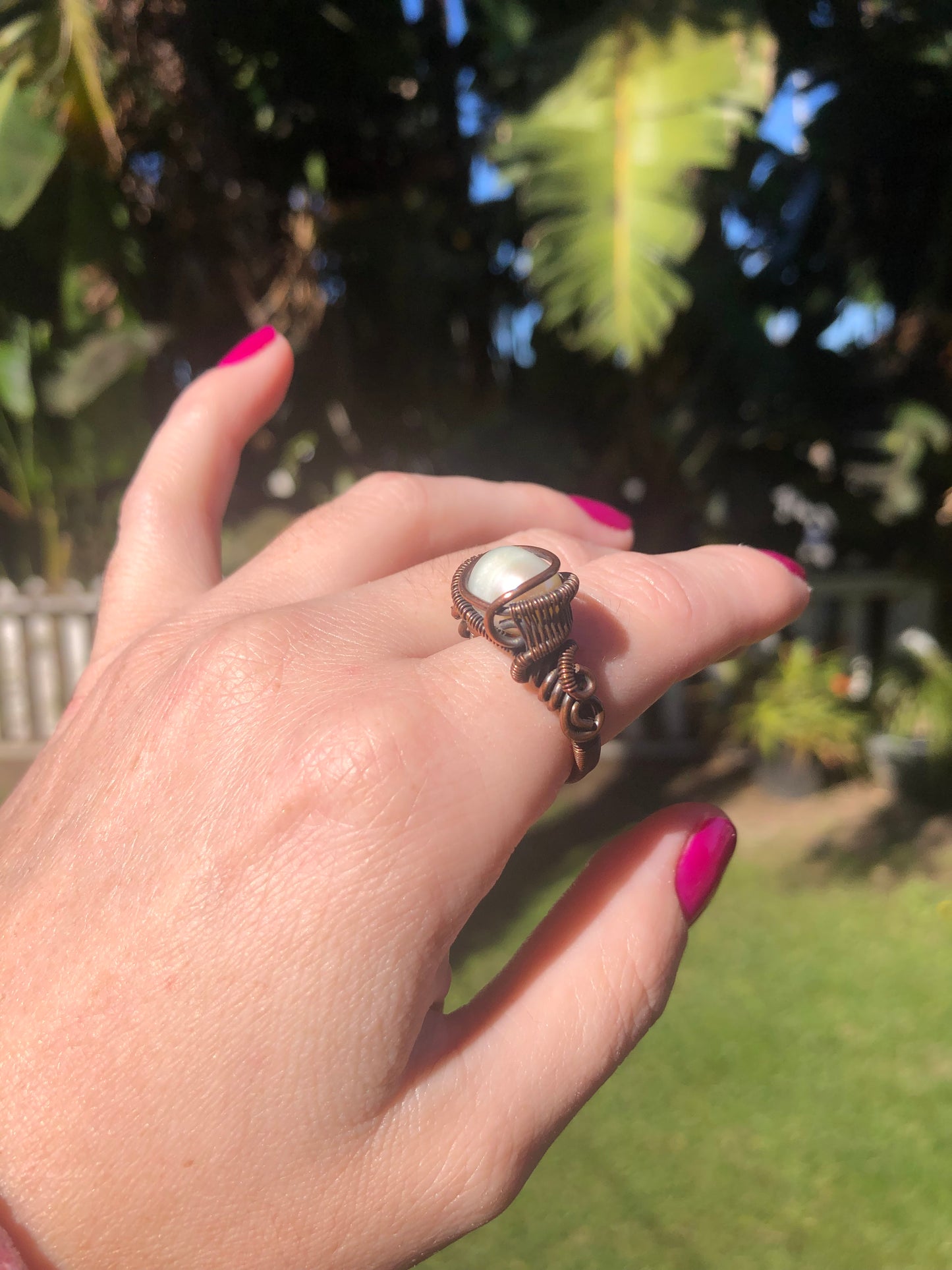 Artisan Copper Wire Wrapped Pearl Ring - Size 7