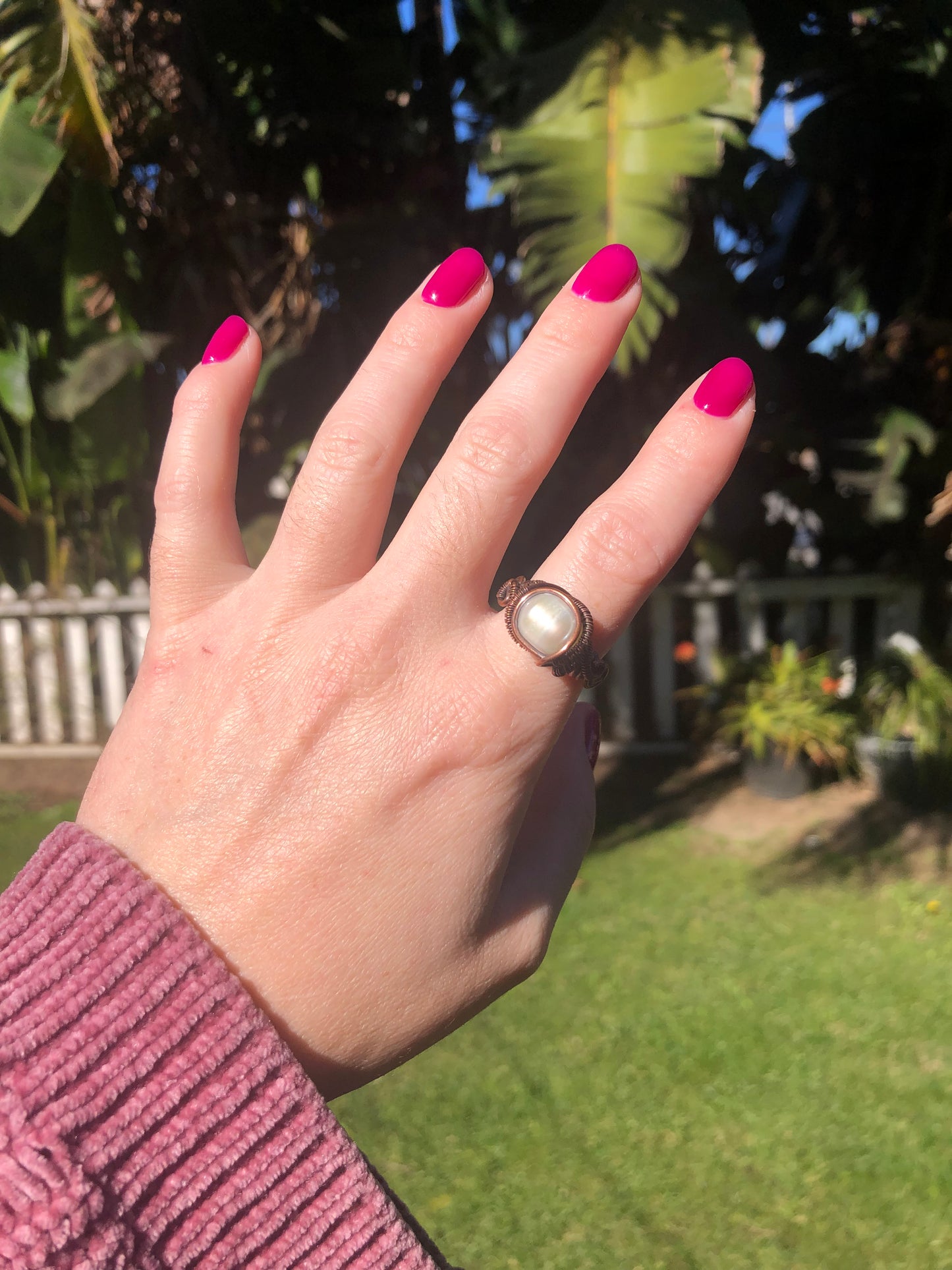Artisan Copper Wire Wrapped Pearl Ring - Size 7