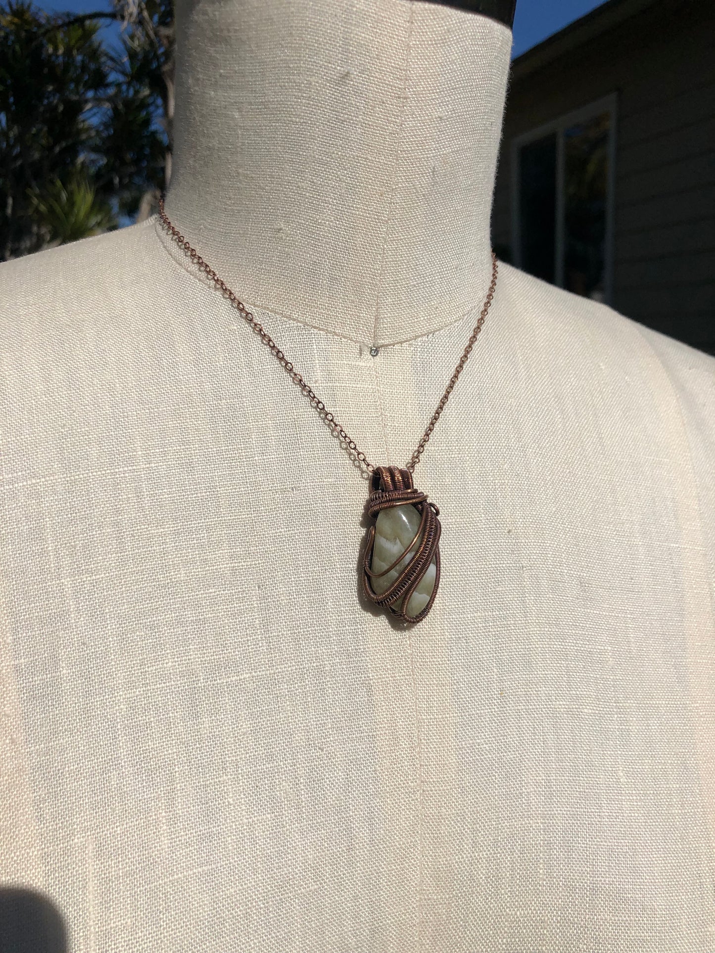 Prasiolite Wire-Wrapped Copper Pendant