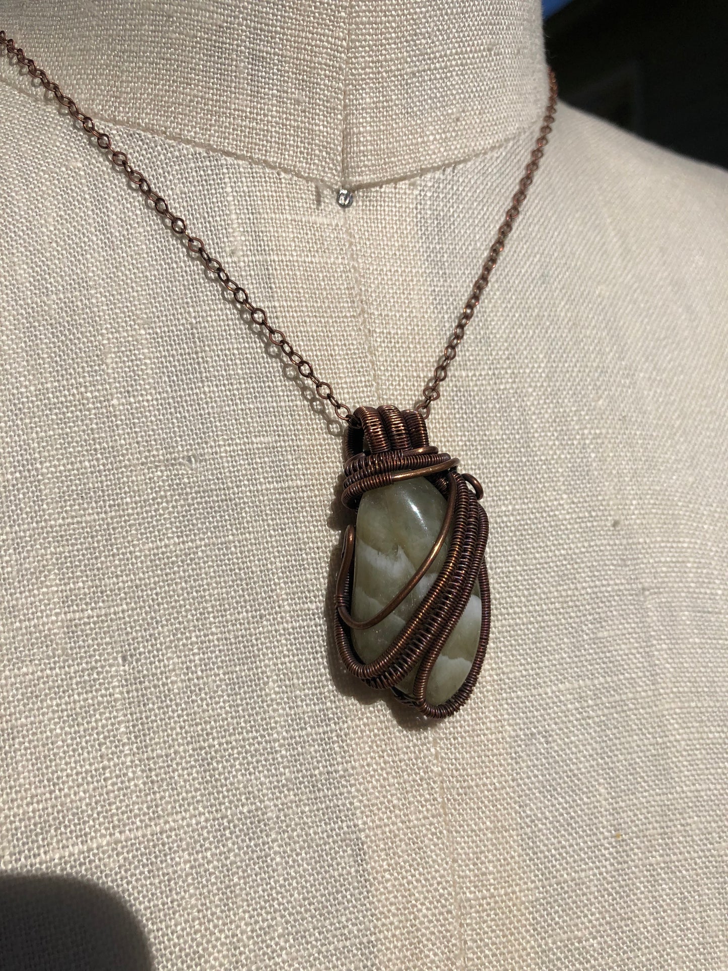 Prasiolite Wire-Wrapped Copper Pendant