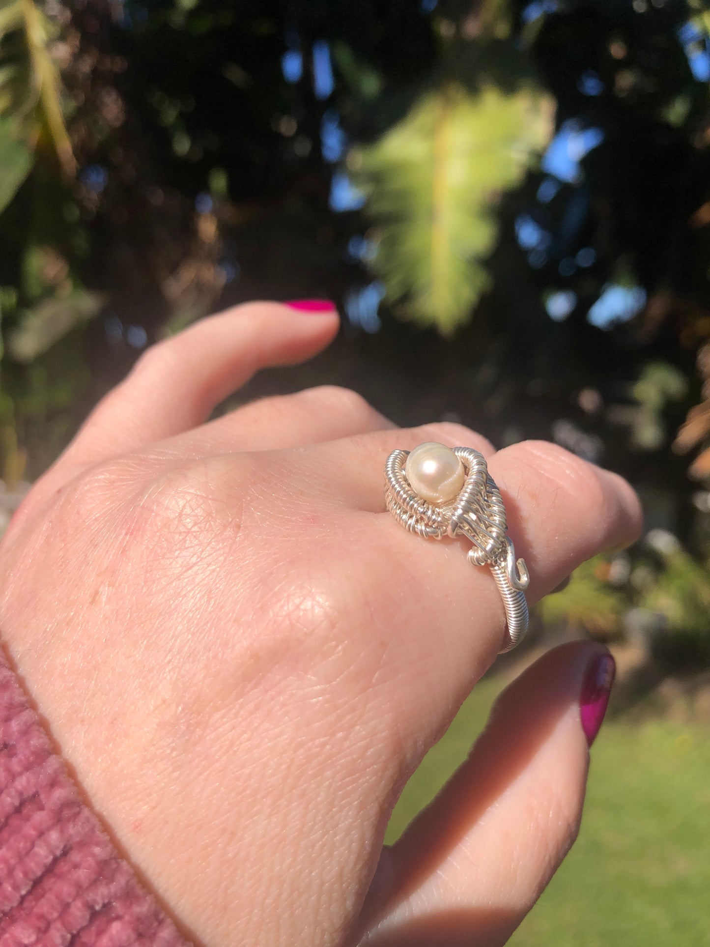 Charming Sterling Silver Wire Wrapped Pearl Ring - Size 8
