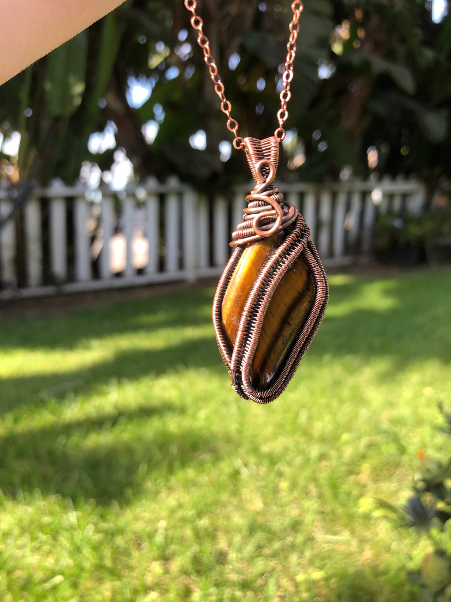 Striking Copper Wire-Wrapped Tigers Eye Pendant