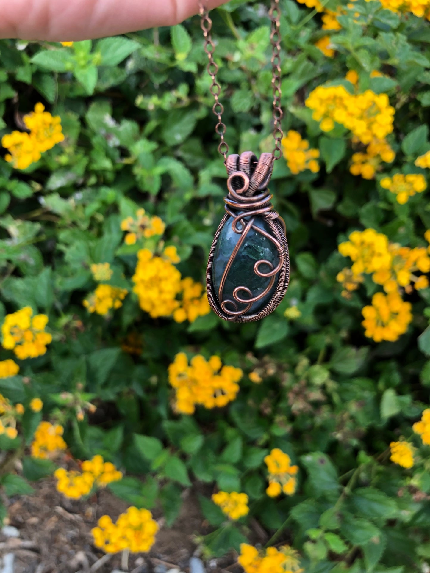 Moss Agate Copper Wire-Wrapped Pendant