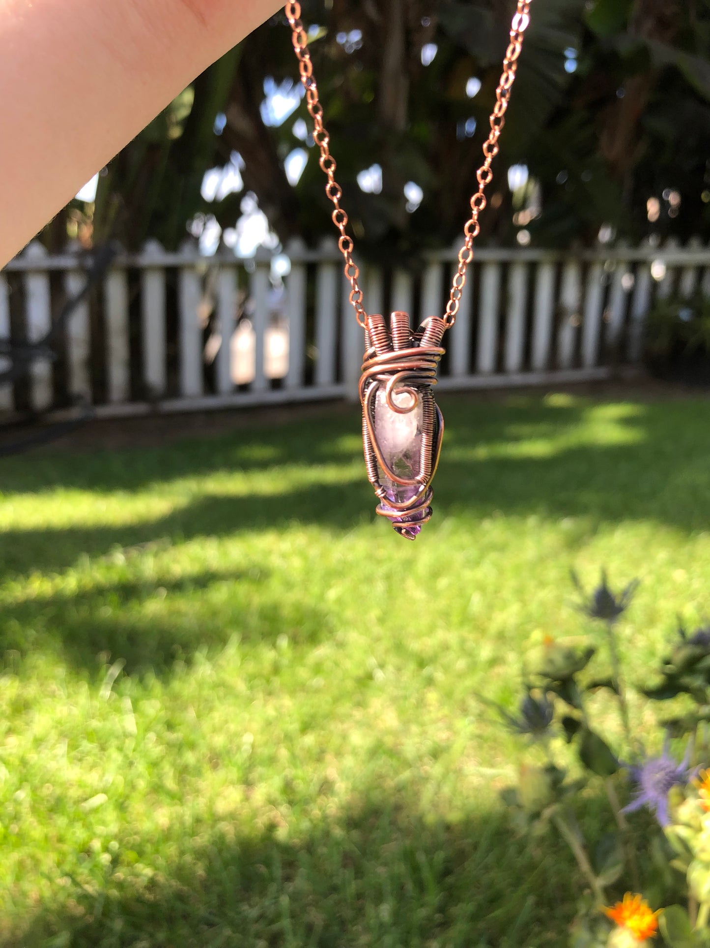 Elegant Copper Wire-Wrapped Amethyst Crystal Point Pendant
