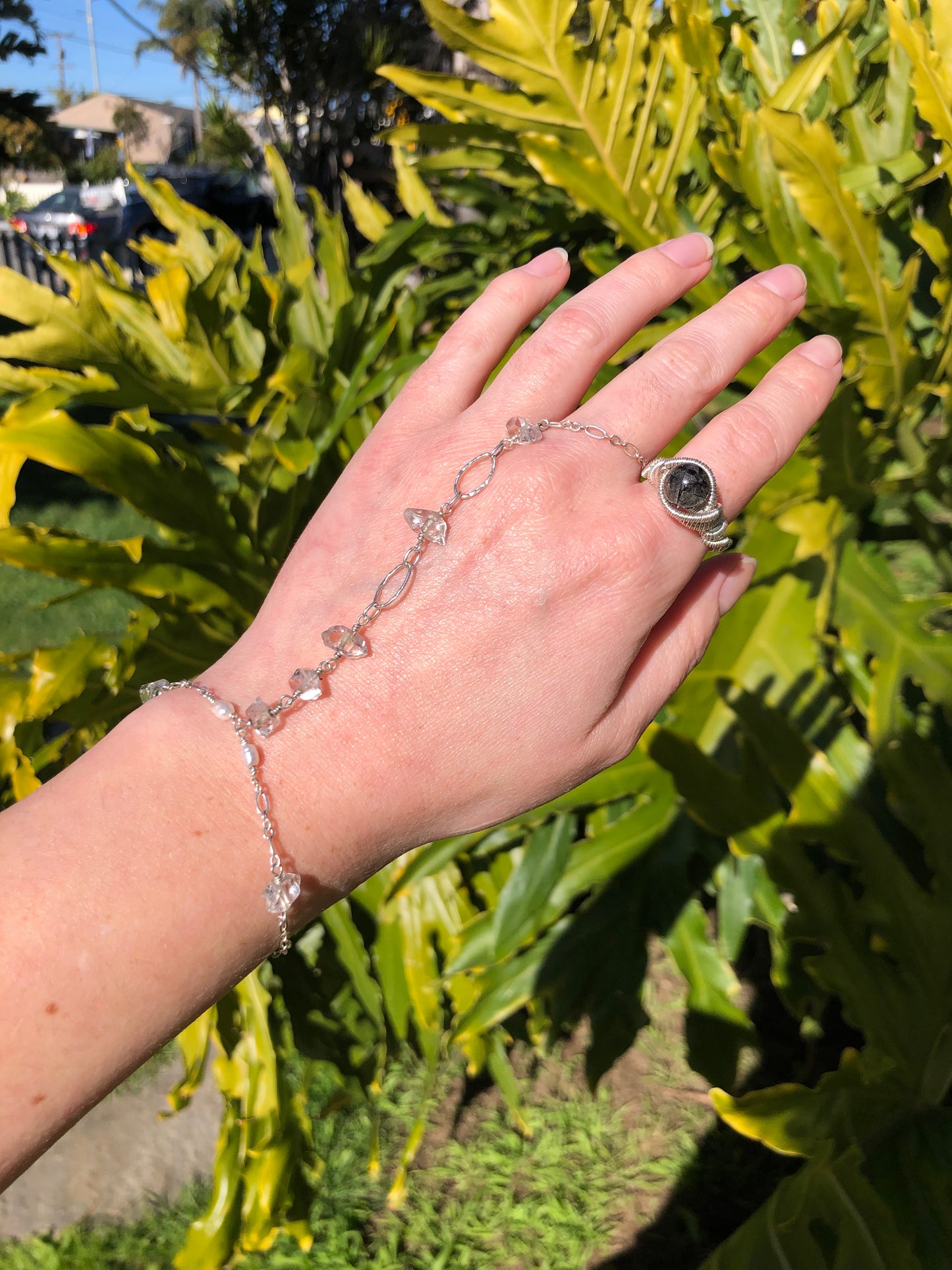 Black Tourmalinated Quartz Wire Wrapped Sterling Silver Ring - Size 7.5