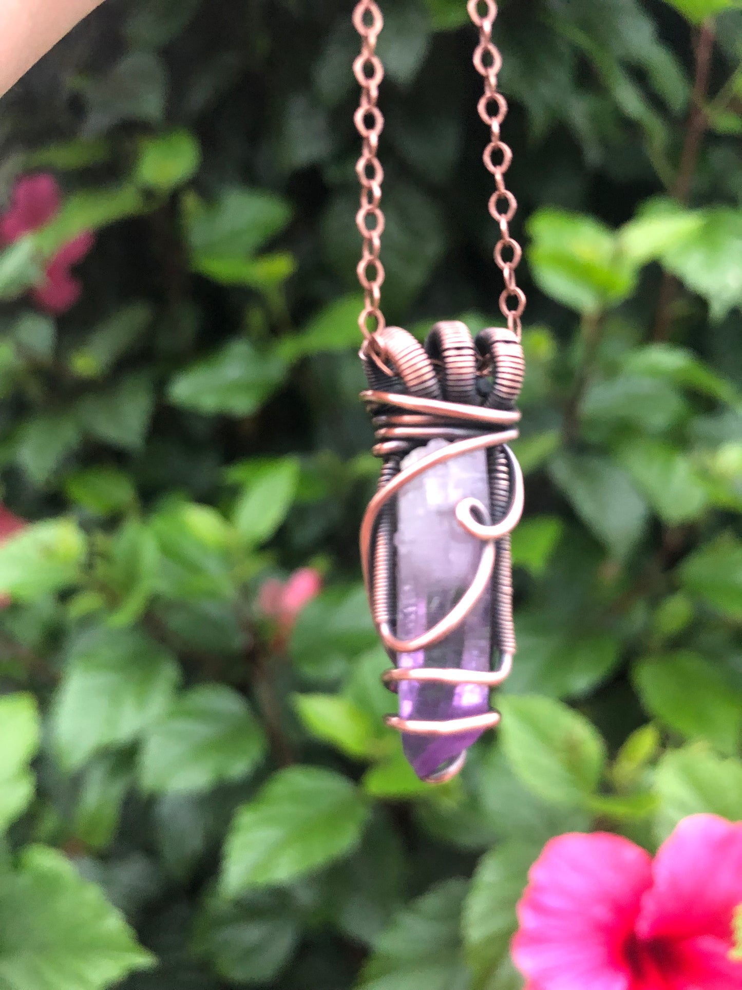 Elegant Copper Wire-Wrapped Amethyst Crystal Point Pendant