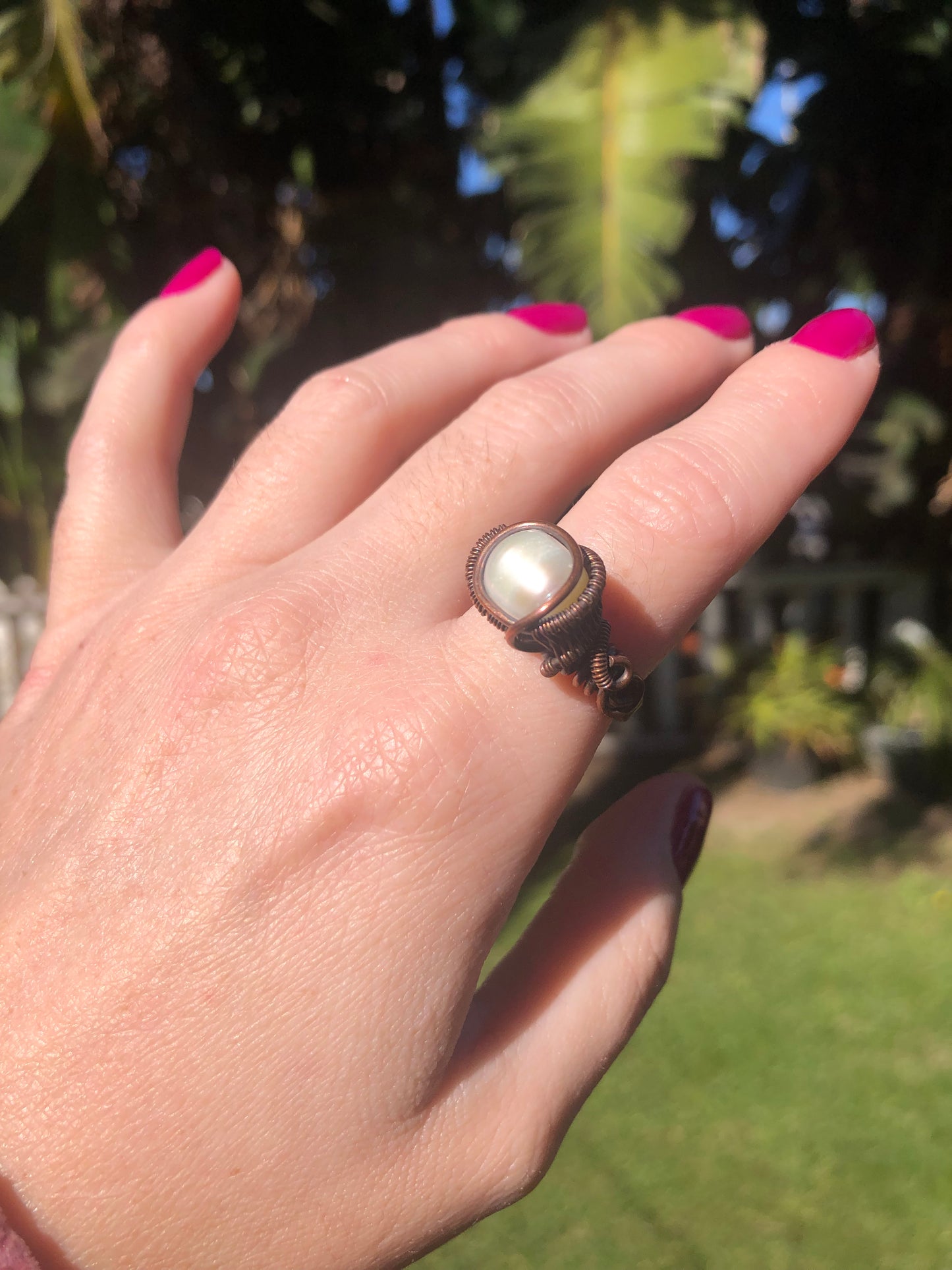 Artisan Copper Wire Wrapped Pearl Ring - Size 7