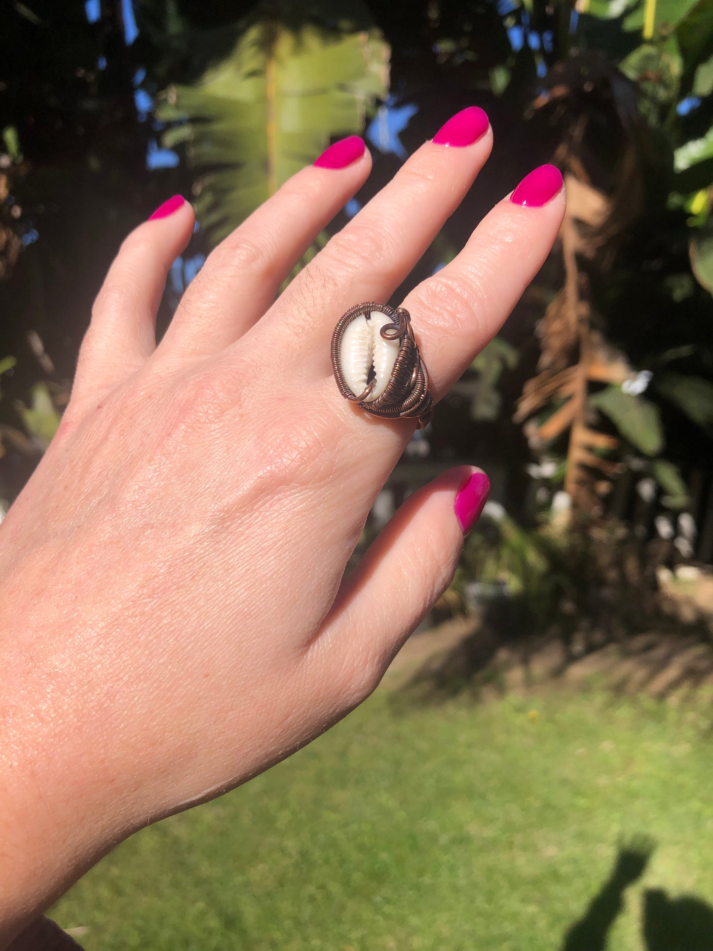 Bohemian Copper Wire Wrapped Cowrie Shell Ring - Size 6.5
