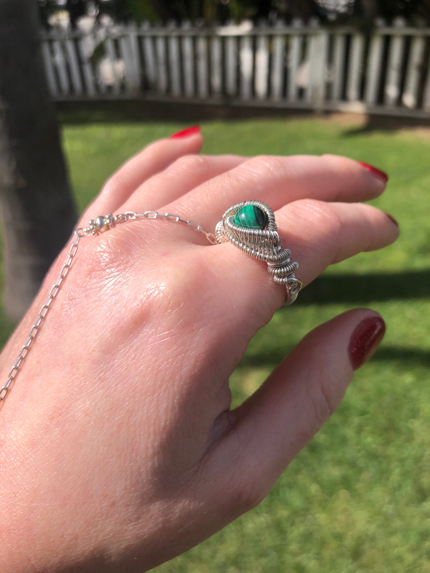 Handcrafted Malachite Sterling Silver Wire Wrapped Ring - Size 7.5