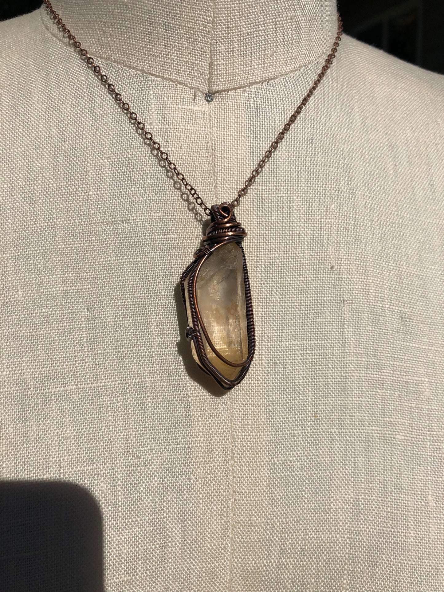 Tangerine Crystal Quartz Point Copper Wire Wrapped Pendant