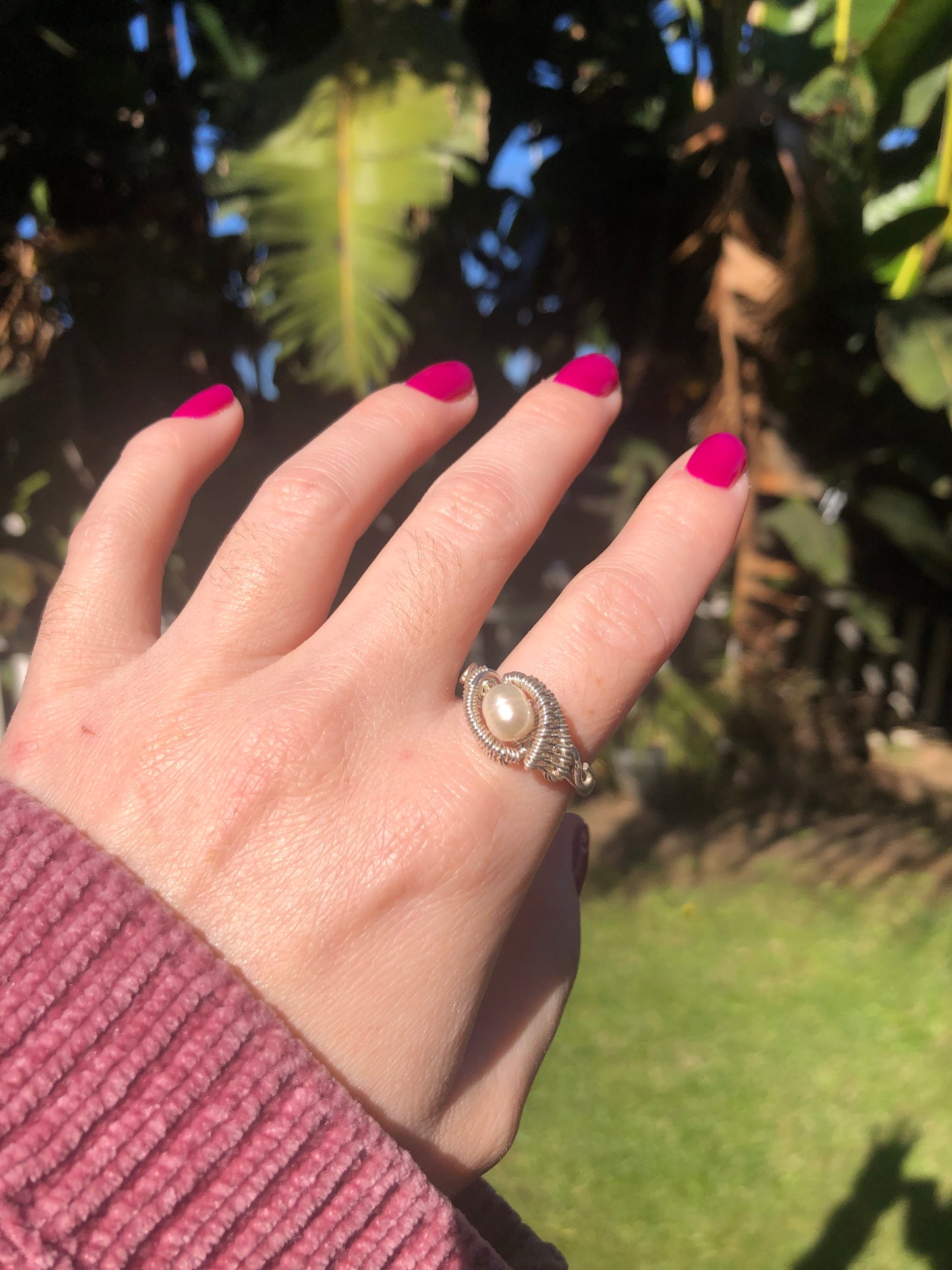 Charming Sterling Silver Wire Wrapped Pearl Ring - Size 8