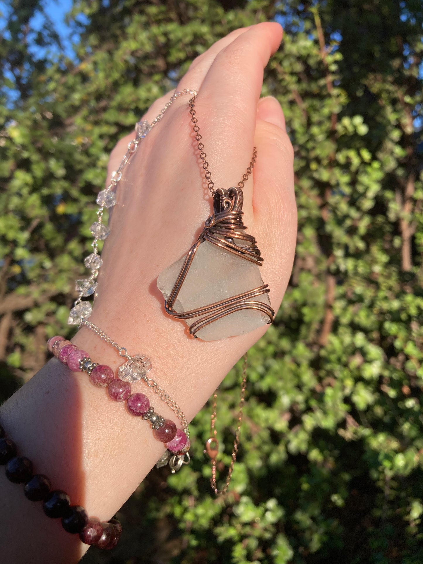 Frosted Clear Sea Glass Copper Wire-Wrapped Pendant