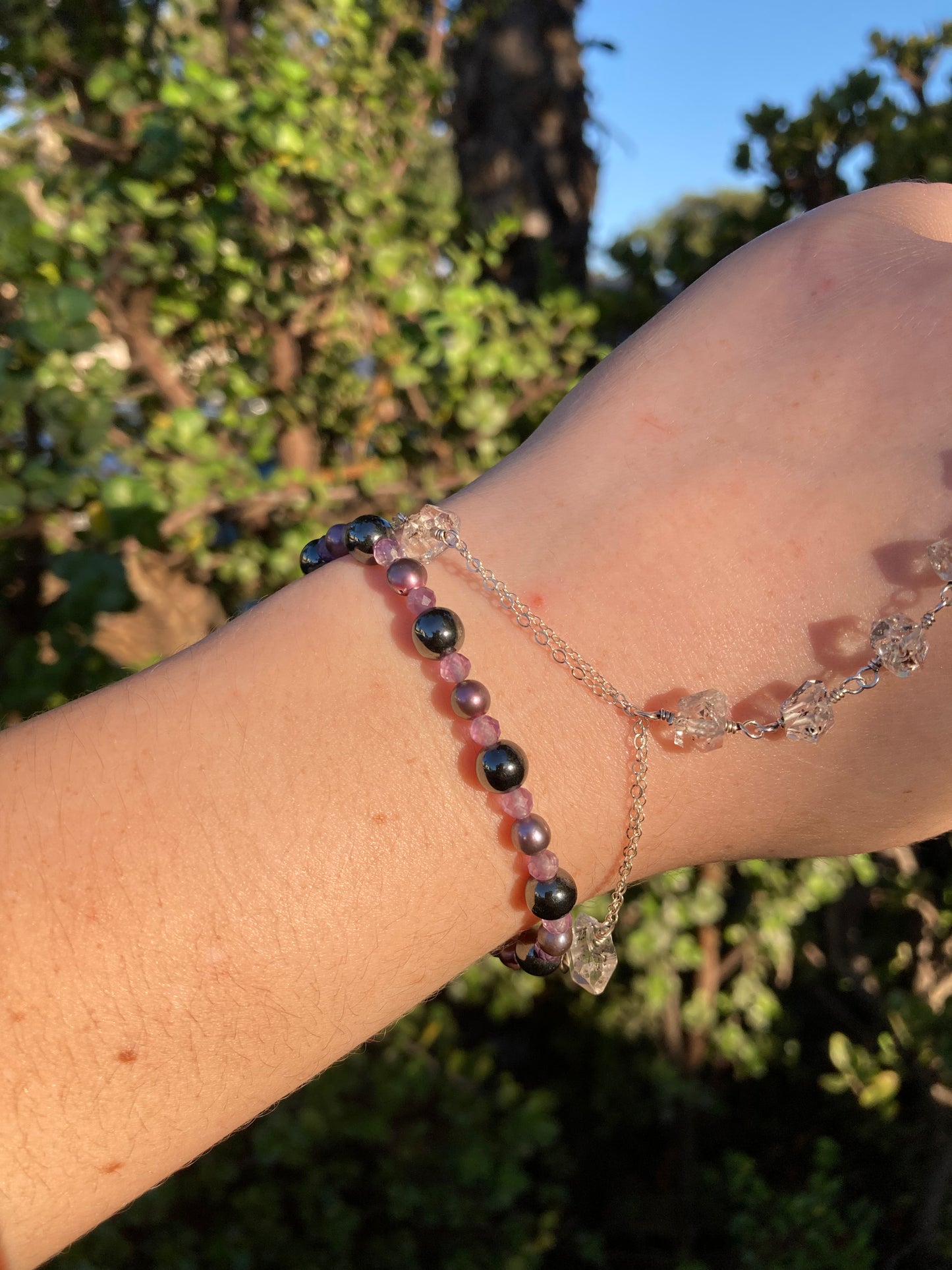 Hematite, Amethyst & Purple Freshwater Pearl Sterling Silver Bracelet – One of a Kind