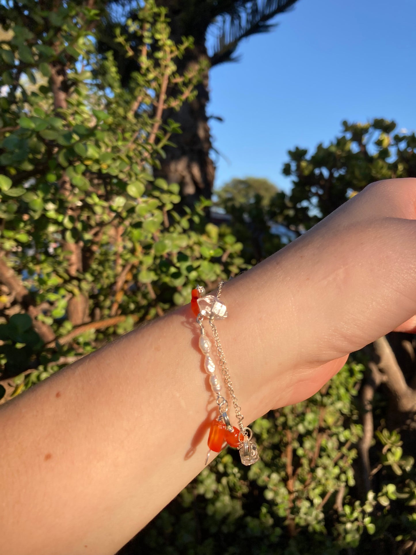 Carnelian & Freshwater Pearl Sterling Silver Wire-Wrapped Bracelet – Handmade Jewelry