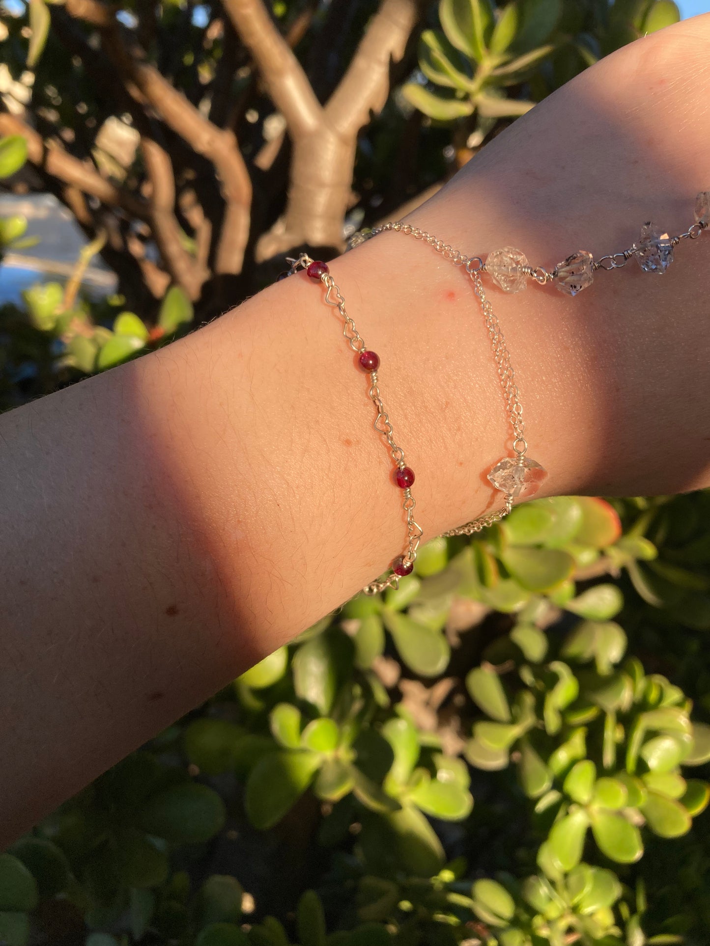 Garnet Sterling Silver Heart Chain Wire-Wrapped Bracelet