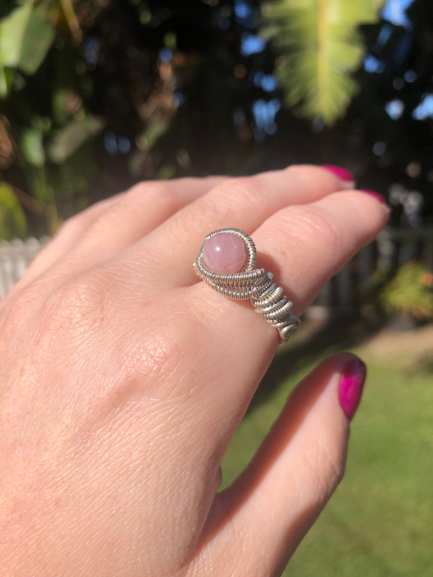Handcrafted Rose Quartz Wire Wrapped Ring in Sterling Silver - Size 7