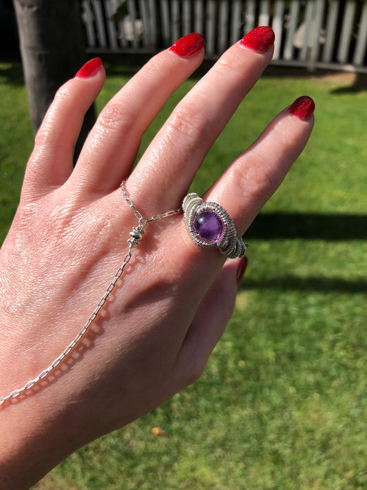 Handcrafted Amethyst Sterling Silver Wire-Wrapped Ring - Size 7