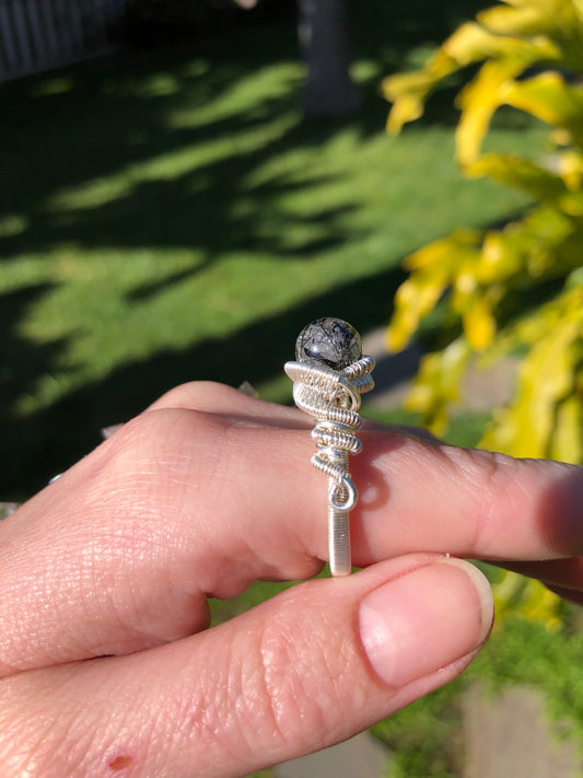 Black Tourmalinated Quartz Wire Wrapped Sterling Silver Ring - Size 7.5