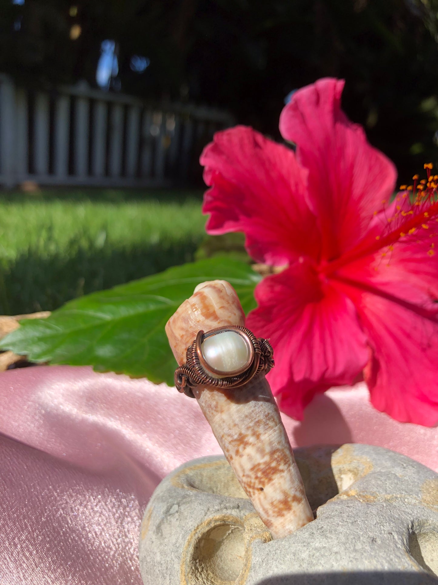 Artisan Copper Wire Wrapped Pearl Ring - Size 7