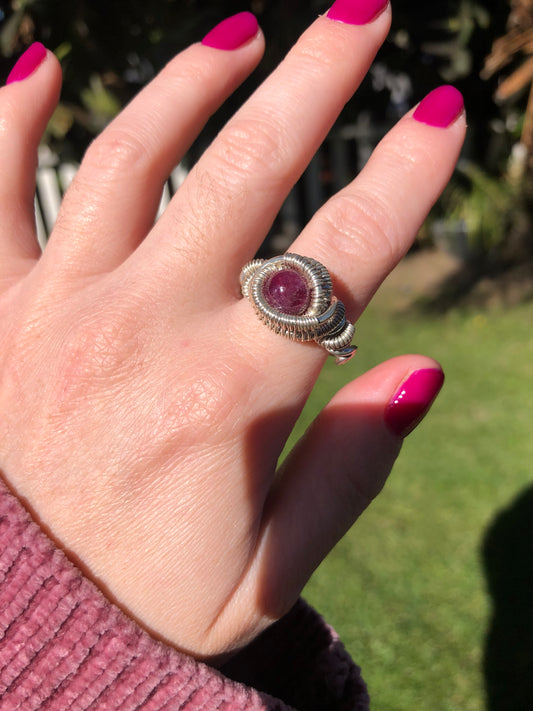 Elegant Pink Tourmaline Wire Wrapped Sterling Silver Ring - Size 6