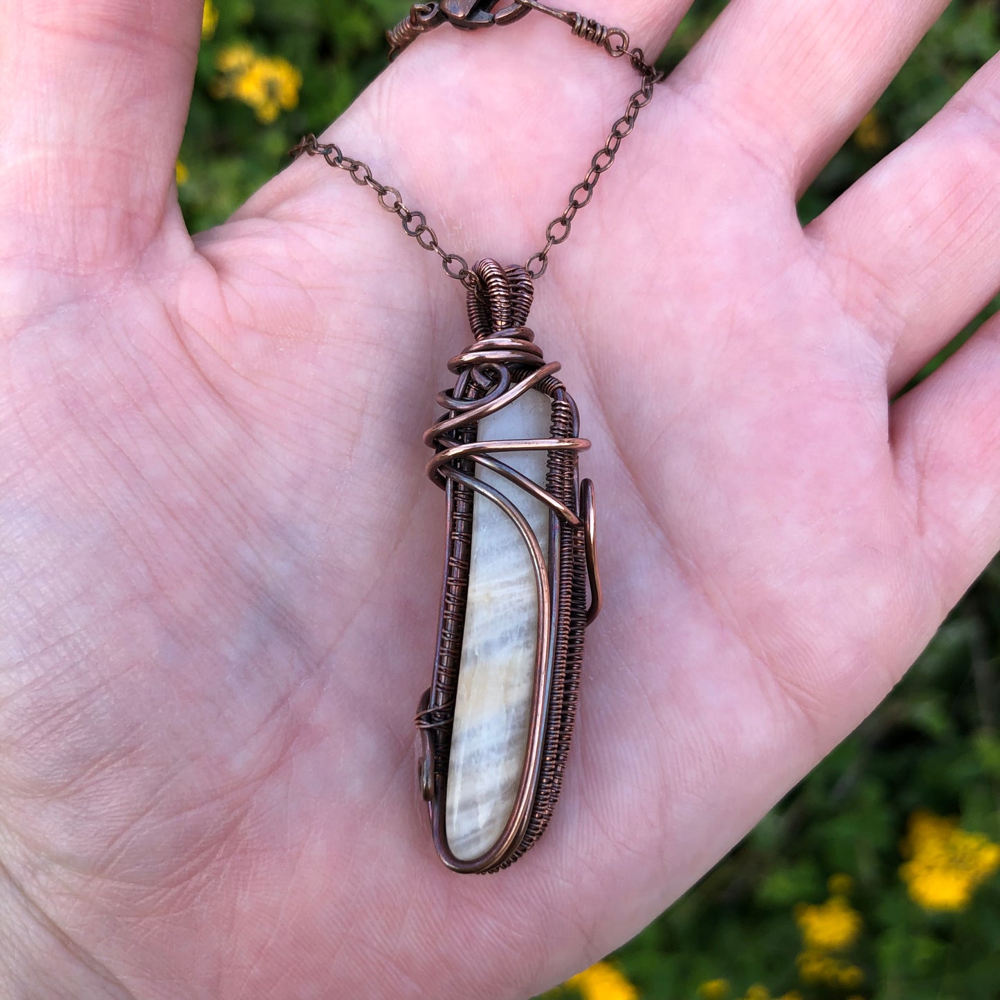 Peach Moonstone Copper Wire-Wrapped Pendant