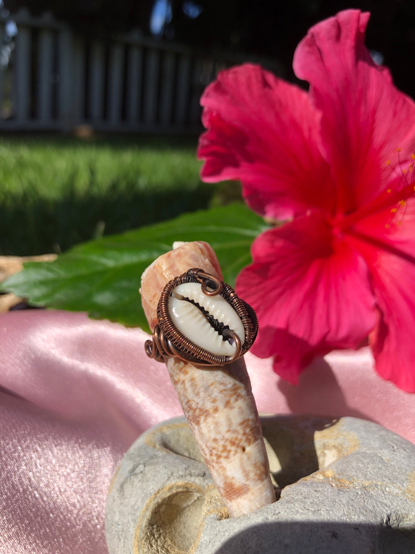 Bohemian Copper Wire Wrapped Cowrie Shell Ring - Size 6.5