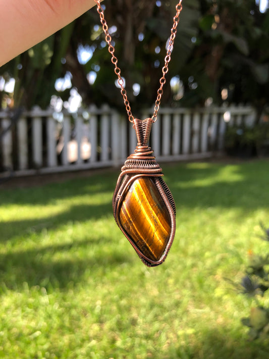 Striking Copper Wire-Wrapped Tigers Eye Pendant