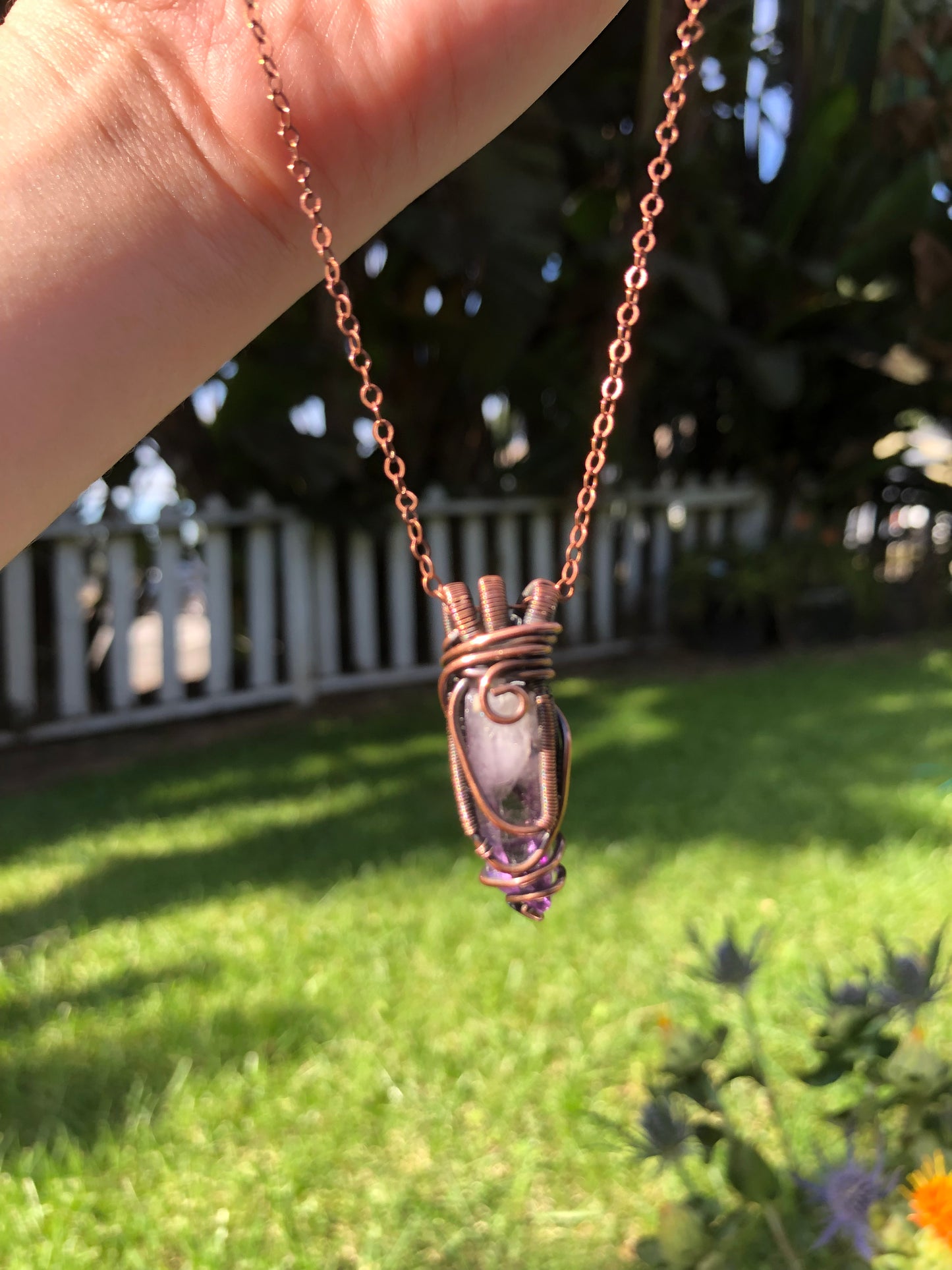 Elegant Copper Wire-Wrapped Amethyst Crystal Point Pendant