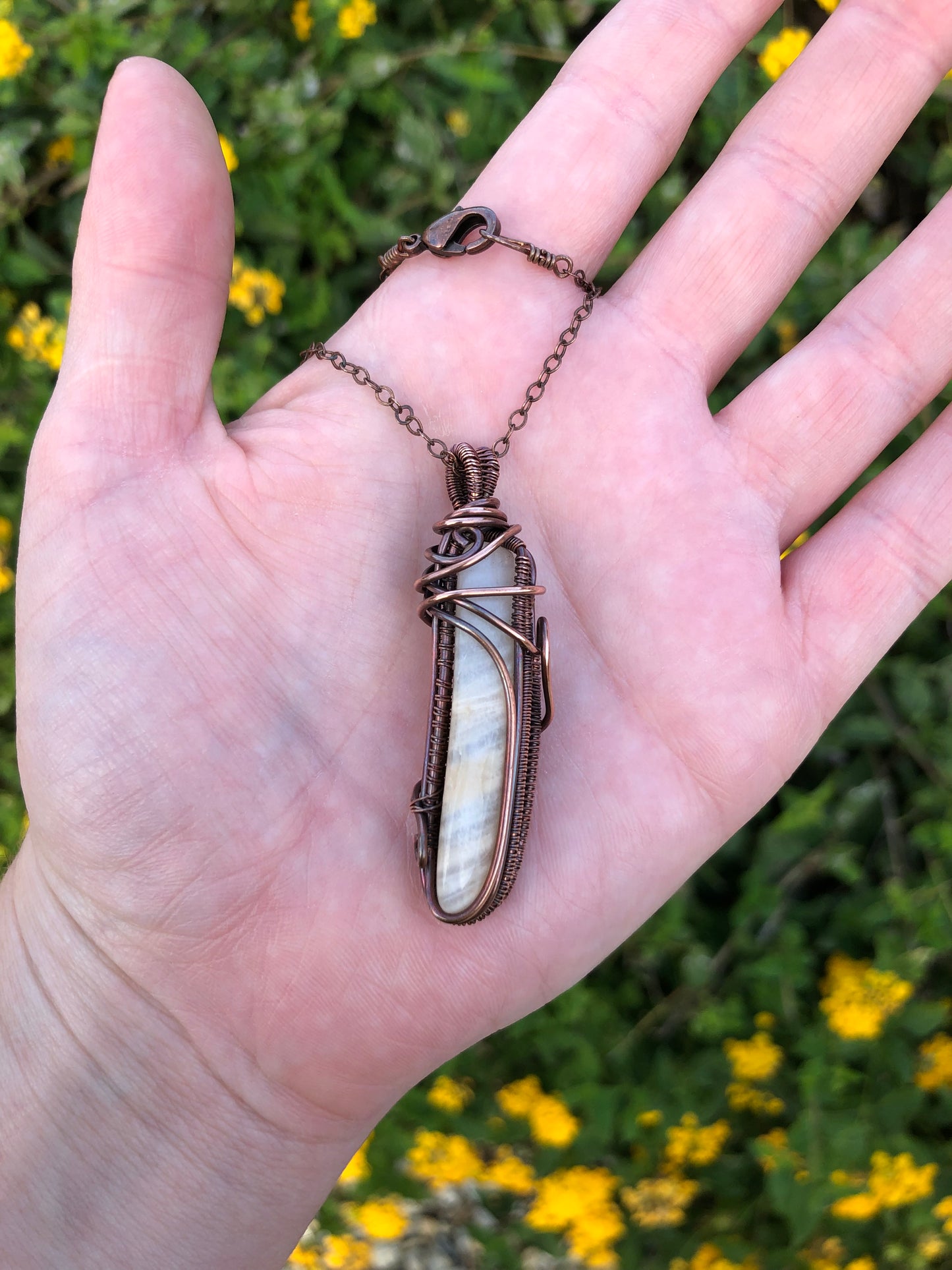 Peach Moonstone Copper Wire-Wrapped Pendant