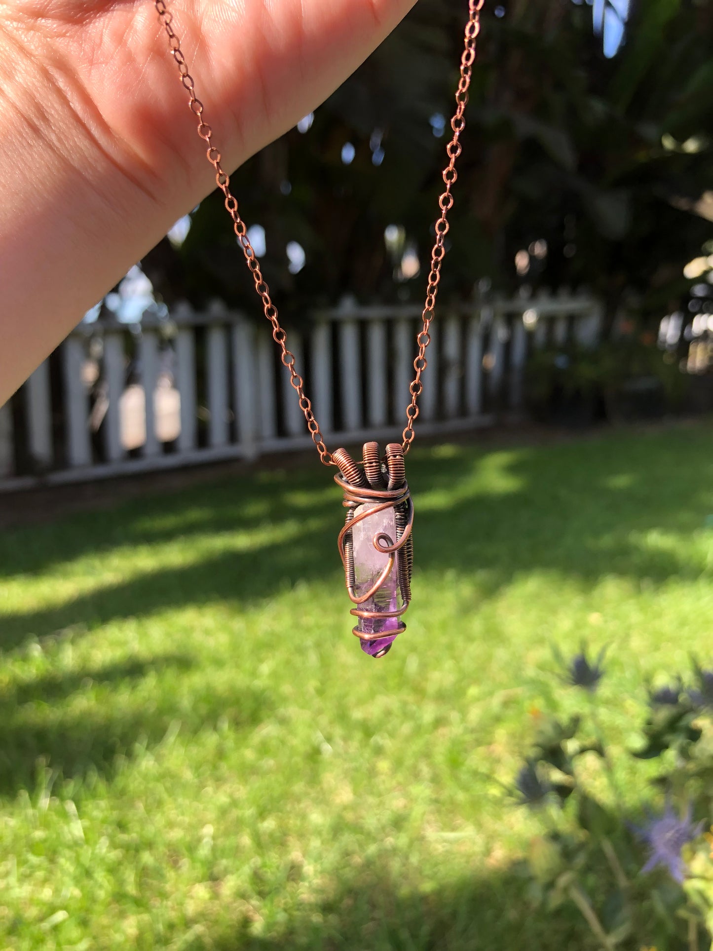 Elegant Copper Wire-Wrapped Amethyst Crystal Point Pendant
