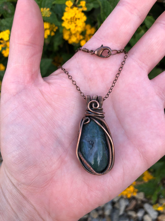 Moss Agate Copper Wire-Wrapped Pendant