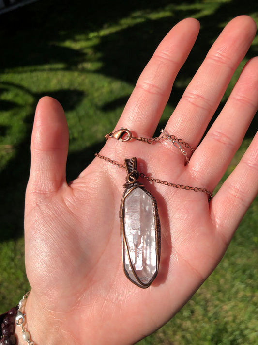 Handcrafted Copper Wire Wrapped Clear Quartz Point Pendant