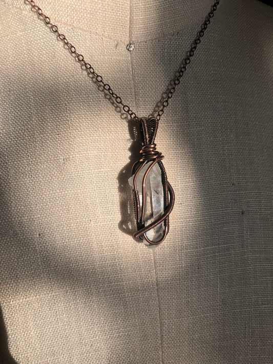 Handcrafted Copper Wire Wrapped Clear Quartz Point Pendant