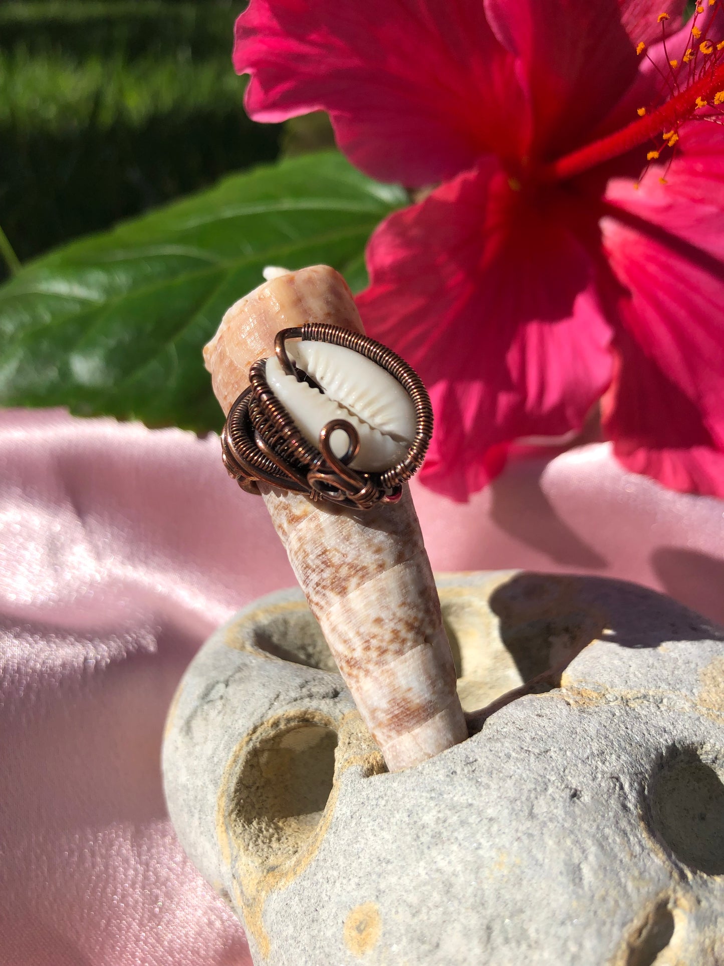 Bohemian Copper Wire Wrapped Cowrie Shell Ring - Size 6.5