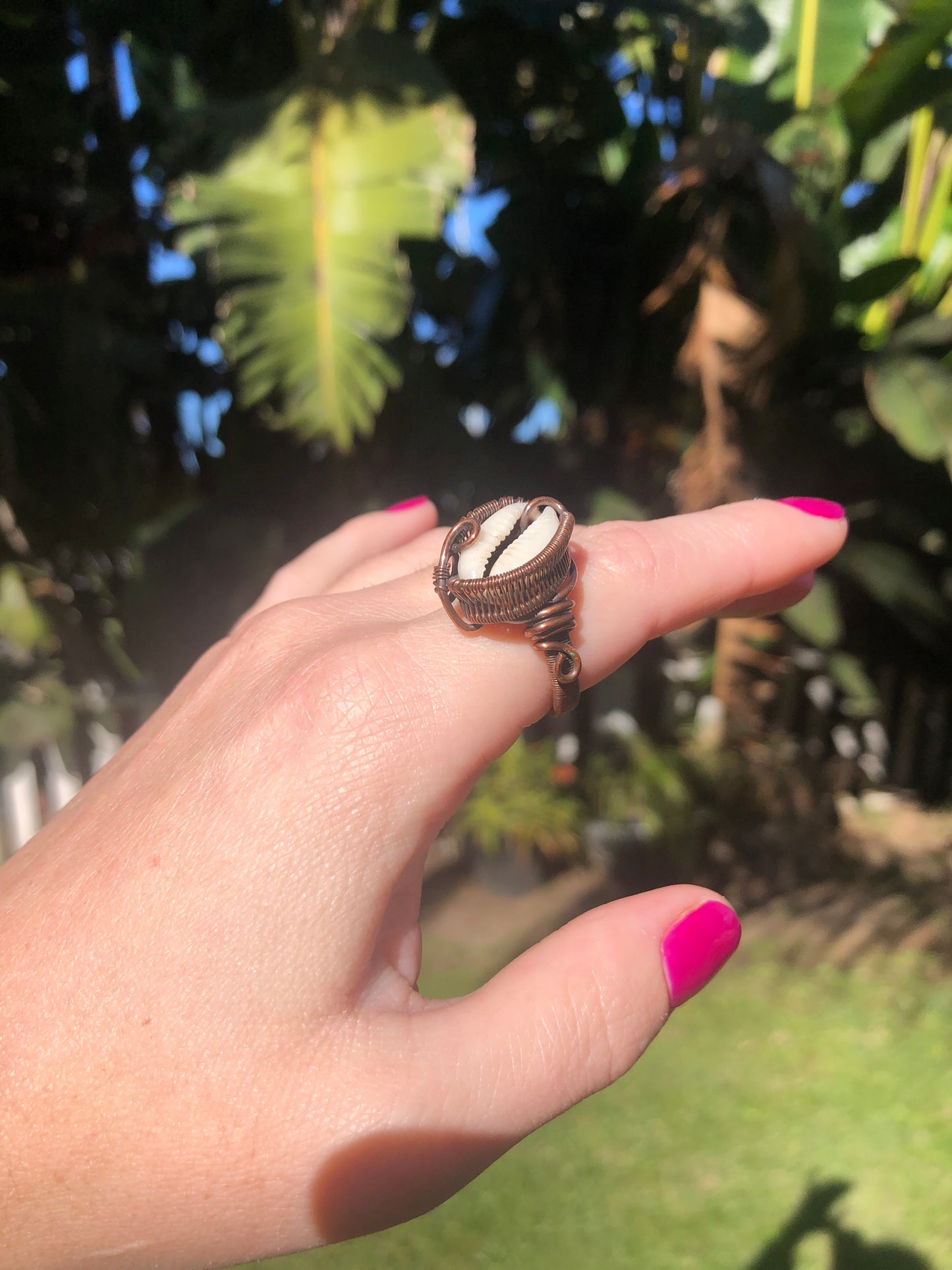 Bohemian Copper Wire Wrapped Cowrie Shell Ring - Size 6.5