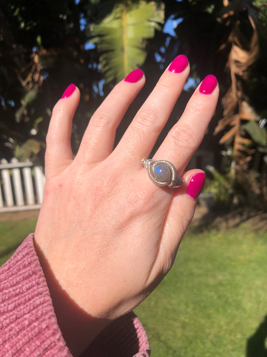 Mystical Labradorite Sterling Silver Wire Wrapped Ring - Size 7