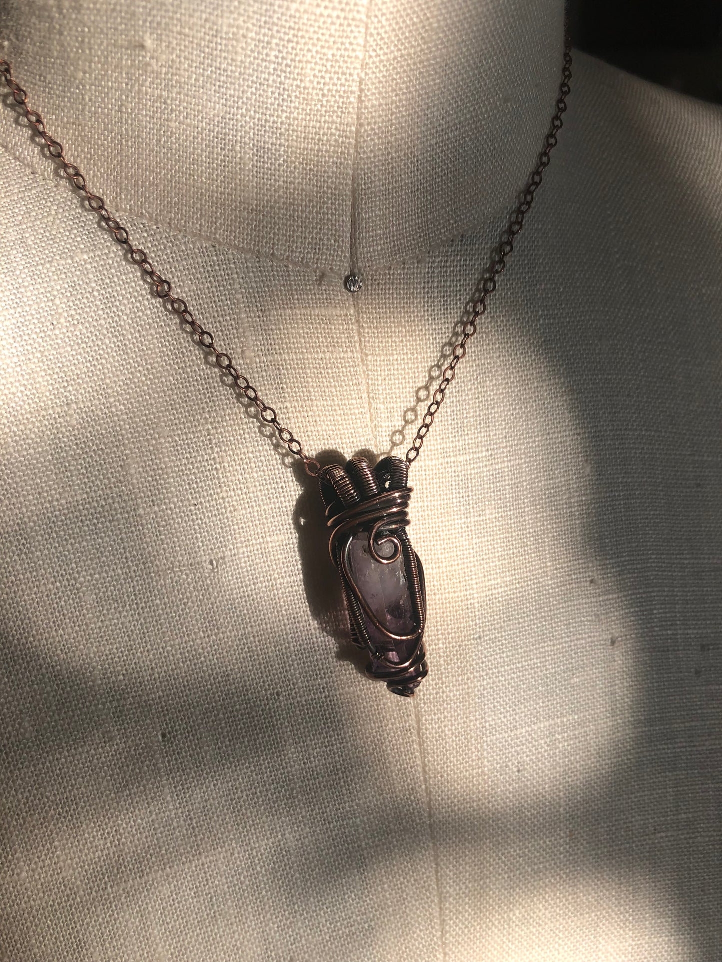 Elegant Copper Wire-Wrapped Amethyst Crystal Point Pendant