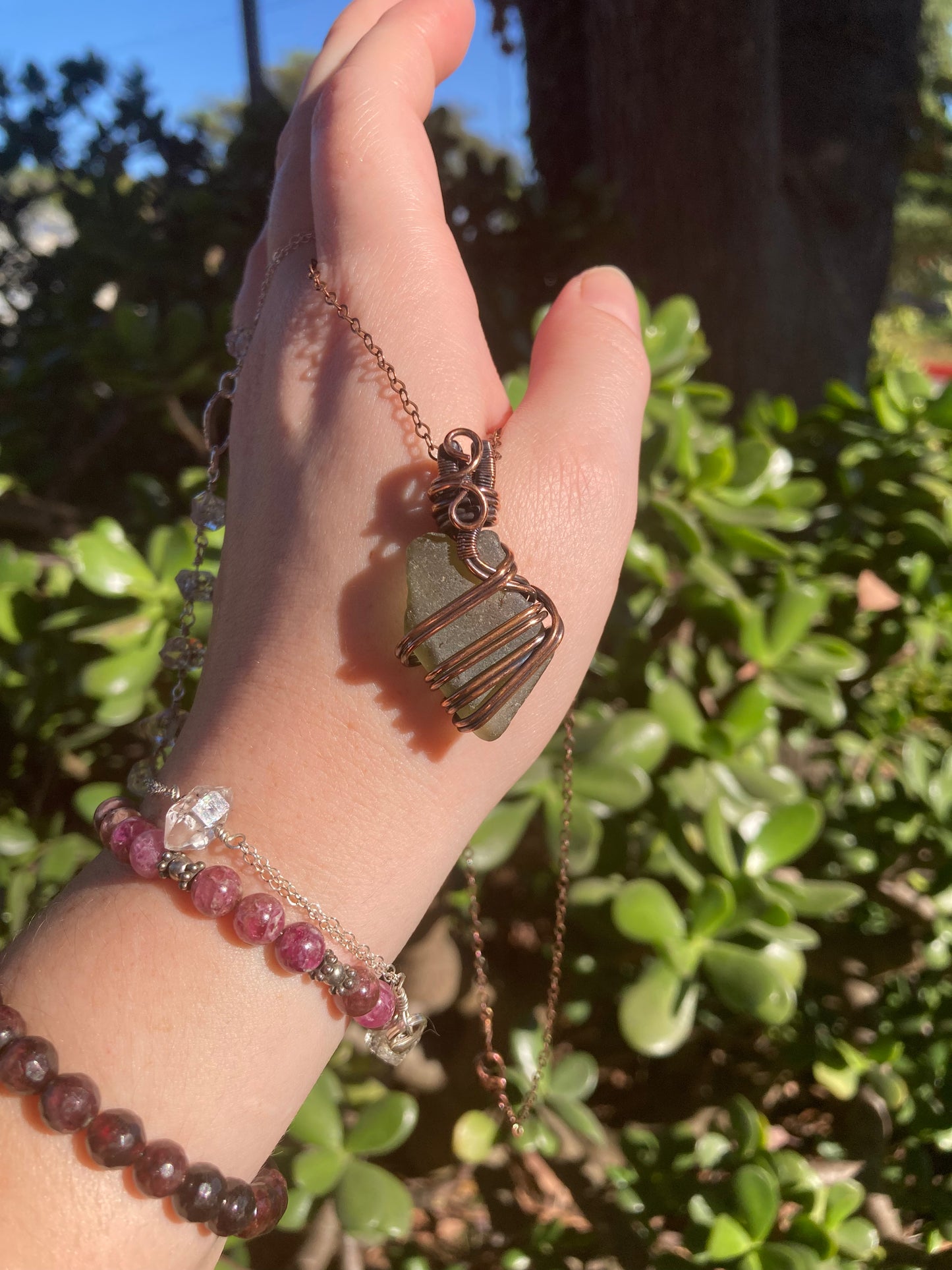 Frosted Green Sea Glass Copper Wire-Wrapped Pendant