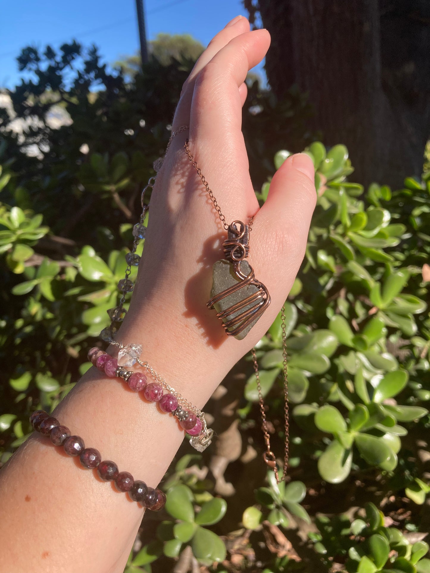 Frosted Green Sea Glass Copper Wire-Wrapped Pendant
