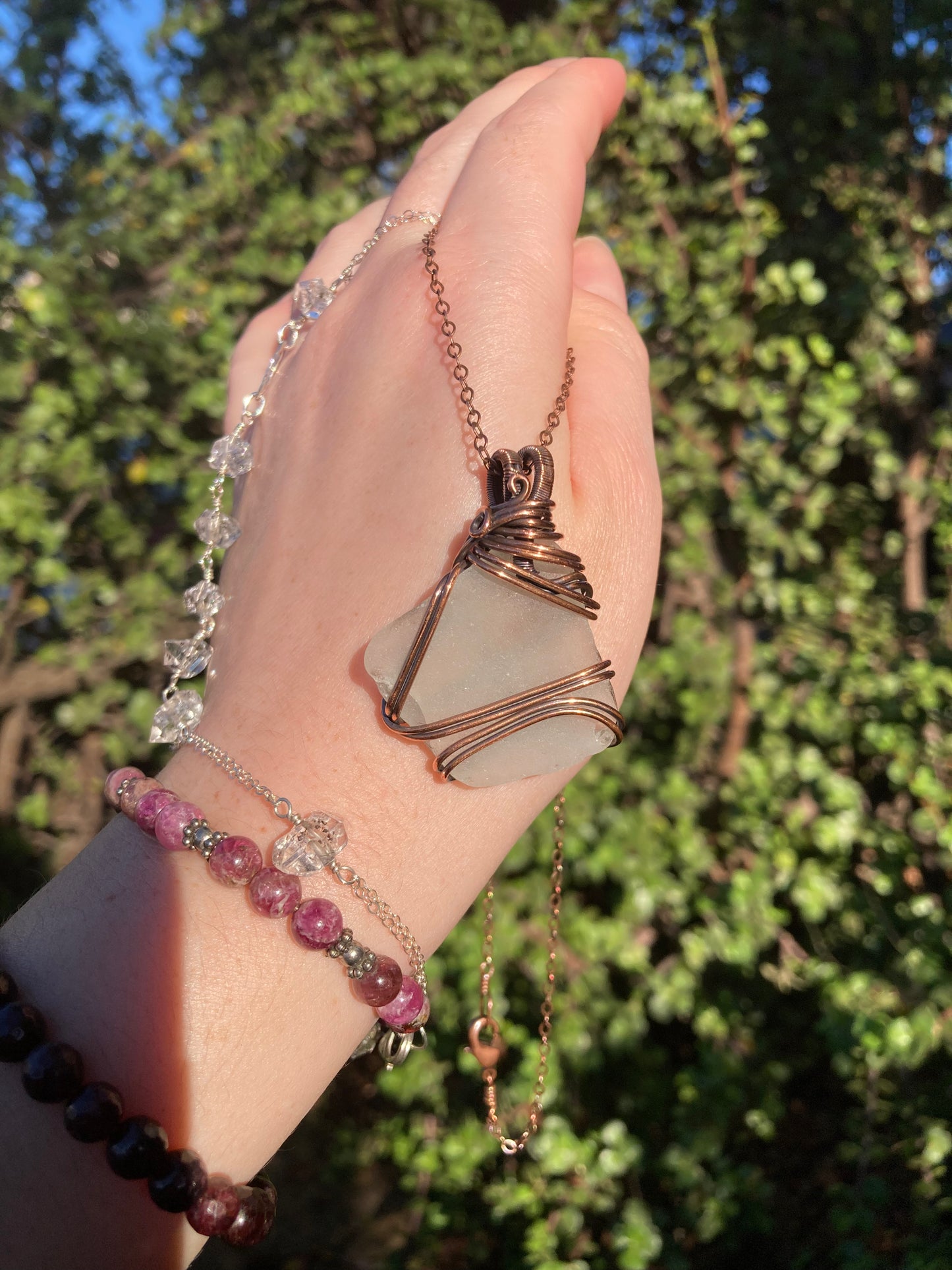 Frosted Clear Sea Glass Copper Wire-Wrapped Pendant
