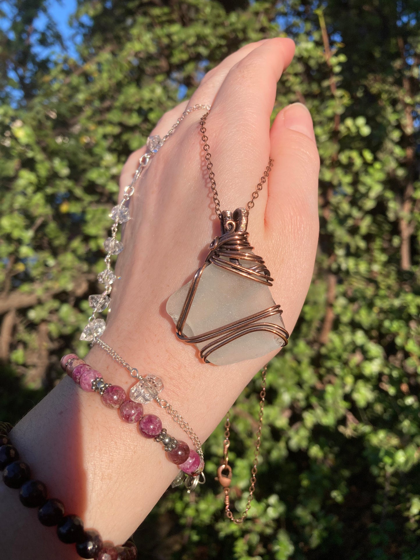 Frosted Clear Sea Glass Copper Wire-Wrapped Pendant