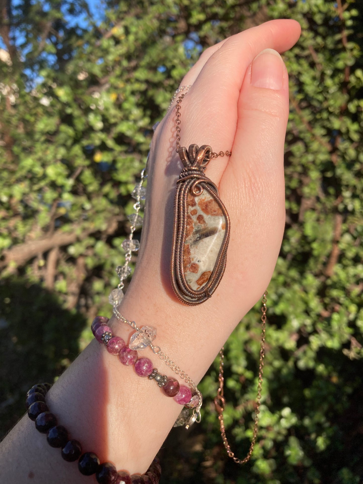 One-of-a-Kind Grossular Garnet in Matrix Copper Wire-Wrapped Pendant