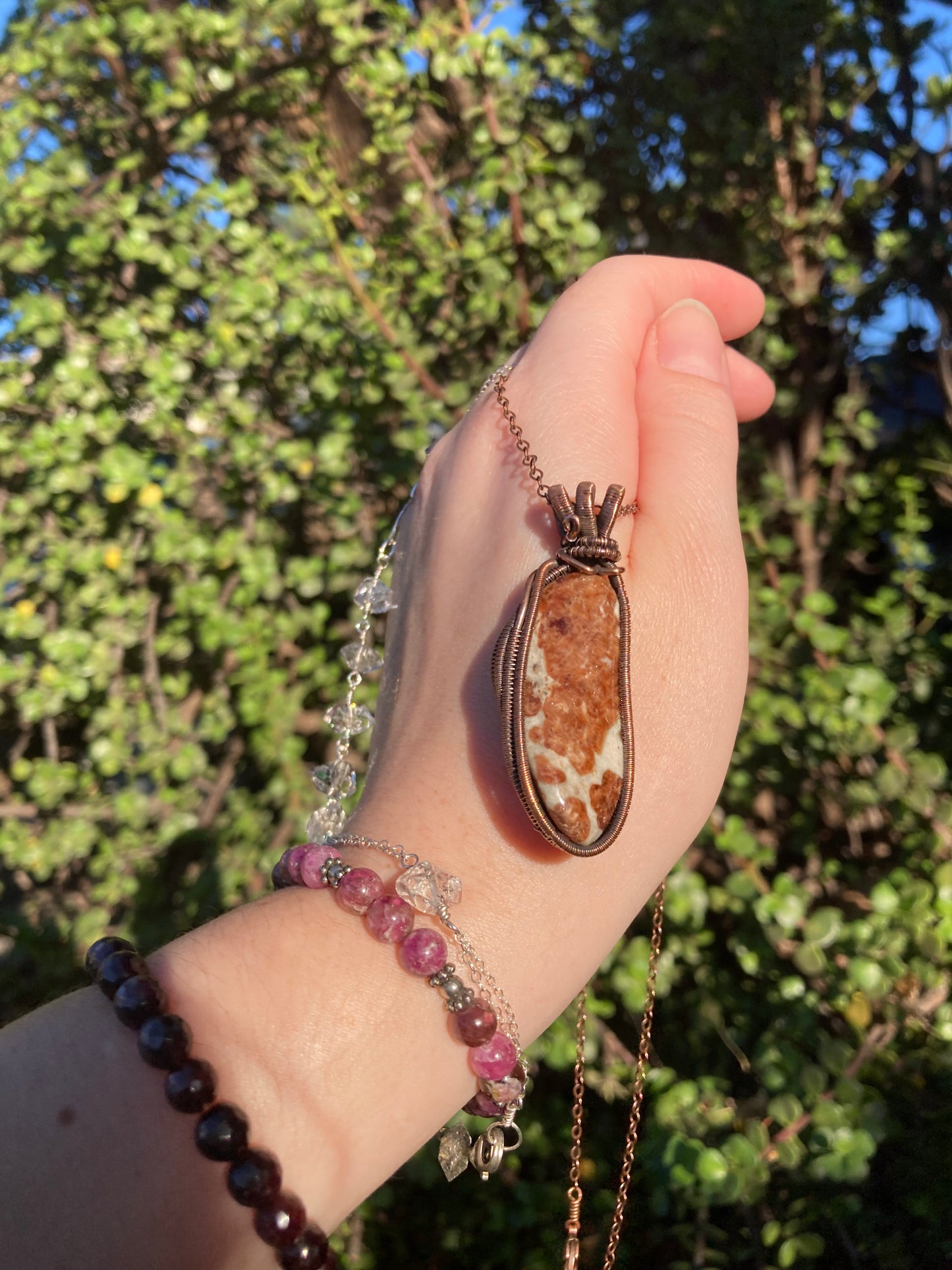 One-of-a-Kind Grossular Garnet in Matrix Copper Wire-Wrapped Pendant